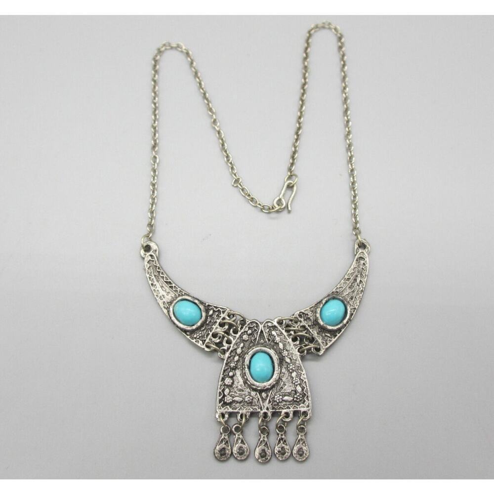 Southwestern Plated Bib Pendant Necklace, Faux Turquoise